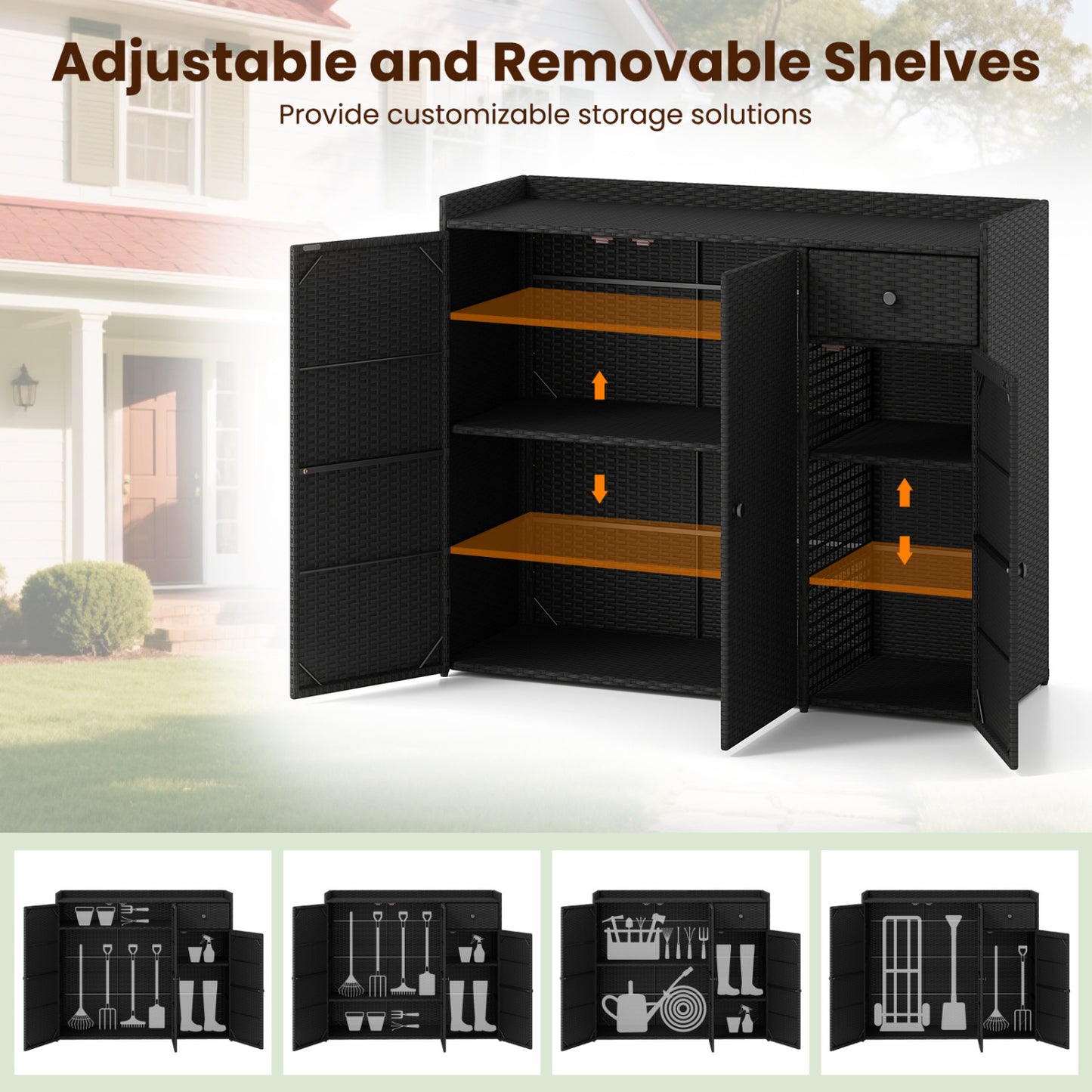 Outdoor PE Wicker Storage Cabinet with 3 Doors and Drawer