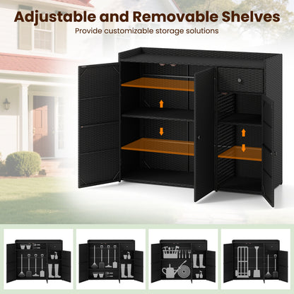 Outdoor PE Wicker Storage Cabinet with 3 Doors and Drawer