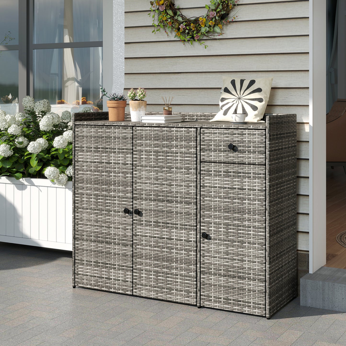Outdoor PE Wicker Storage Cabinet with 3 Doors and Drawer