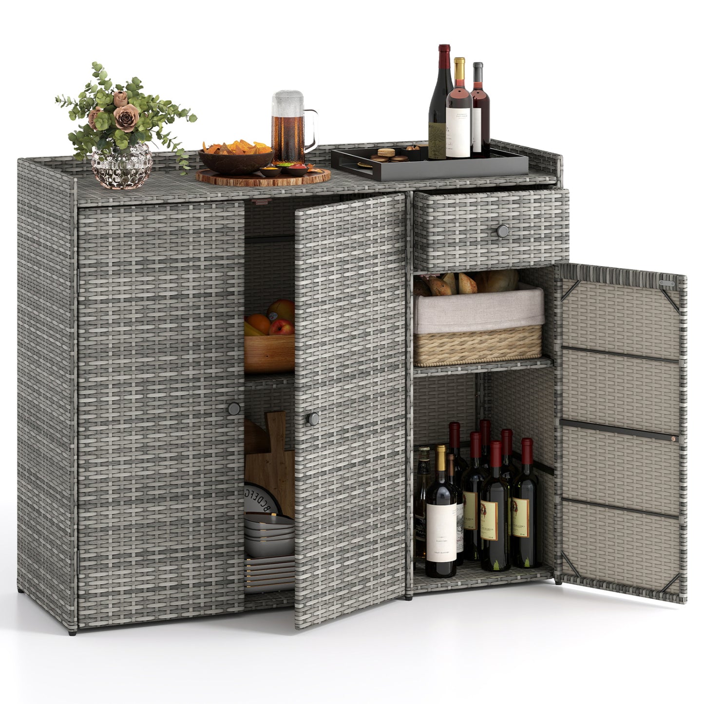 Outdoor PE Wicker Storage Cabinet with 3 Doors and Drawer