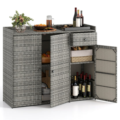 Outdoor PE Wicker Storage Cabinet with 3 Doors and Drawer