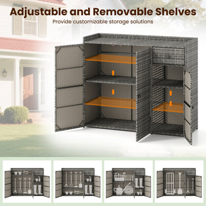Outdoor PE Wicker Storage Cabinet with 3 Doors and Drawer