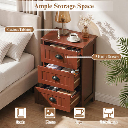 3-Drawer End Storage Wood Side Nightstand-Brown