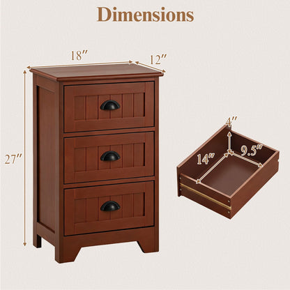 3-Drawer End Storage Wood Side Nightstand-Brown