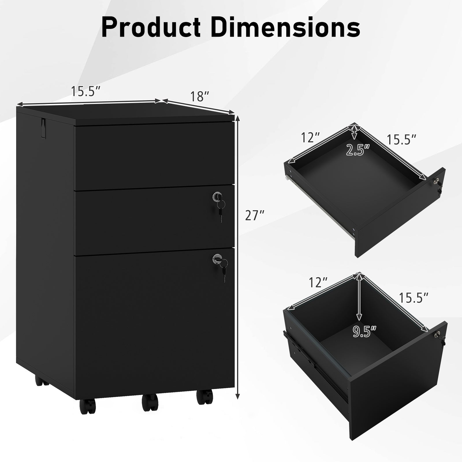 3 Drawer Filing Cabinet Locking Pedestal Desk -Black