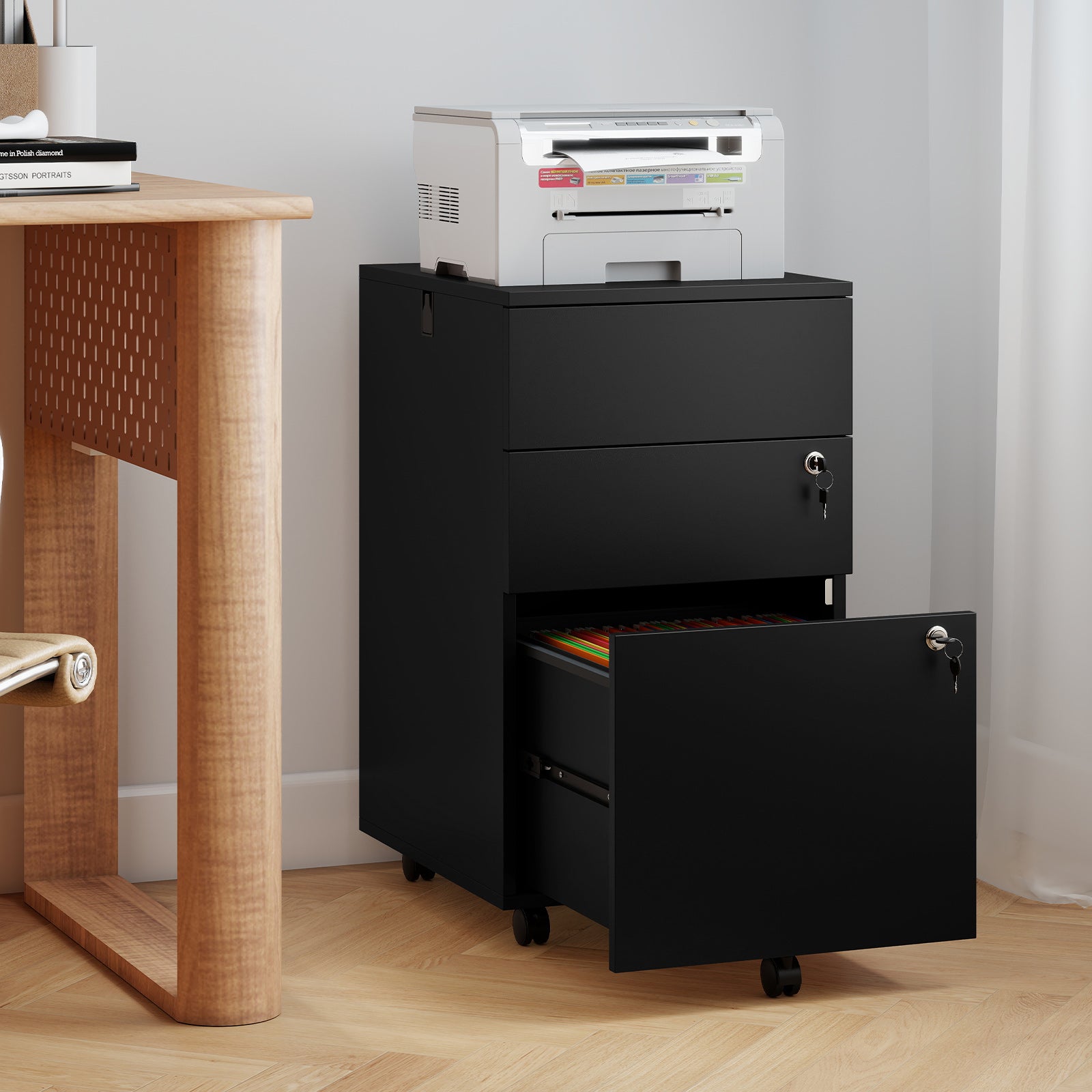 3 Drawer Filing Cabinet Locking Pedestal Desk -Black