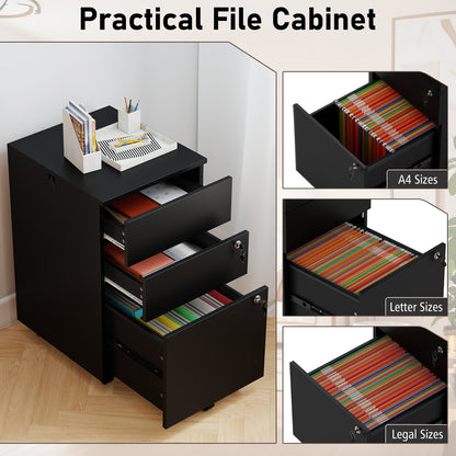 3 Drawer Filing Cabinet Locking Pedestal Desk -Black