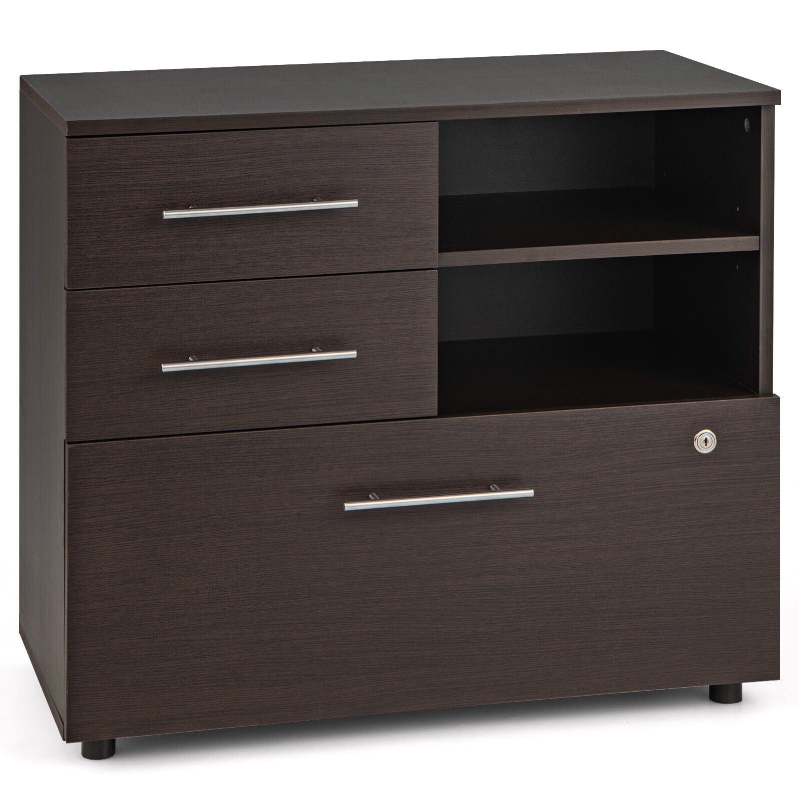 3 Drawer Lateral File Cabinet on Wheels with Storage Shelves-Brown