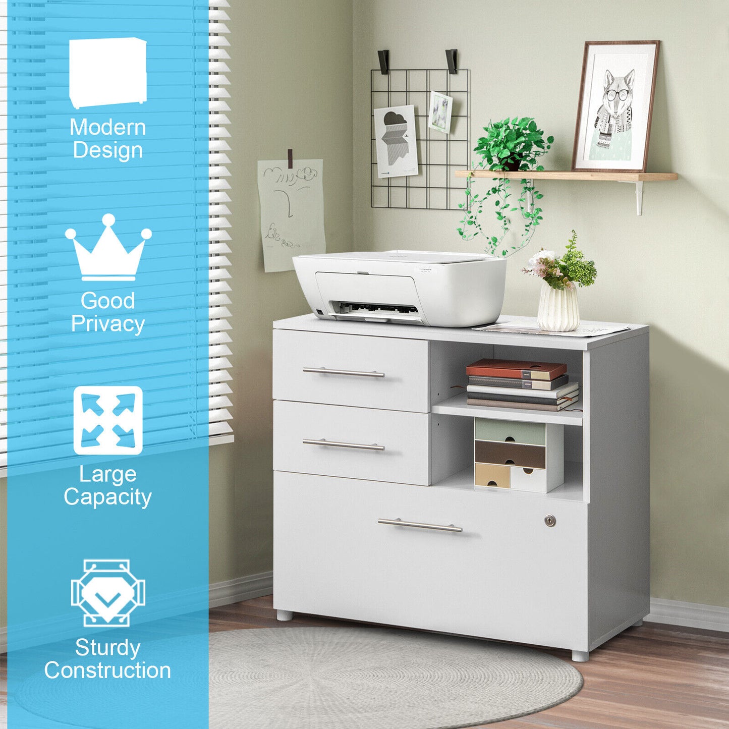 3 Drawer Lateral File Cabinet on Wheels with Storage Shelves-White