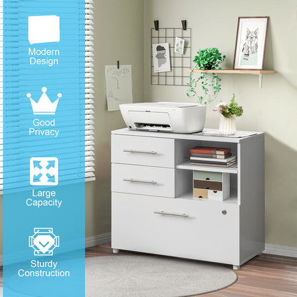 3 Drawer Lateral File Cabinet on Wheels with Storage Shelves-White
