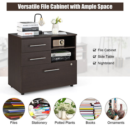 3 Drawer Lateral File Cabinet on Wheels with Storage Shelves-Brown