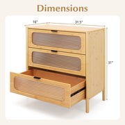 3 Drawer Mid Century Modern Chest of Drawers with Reeded Tempered Glass Front-Natural