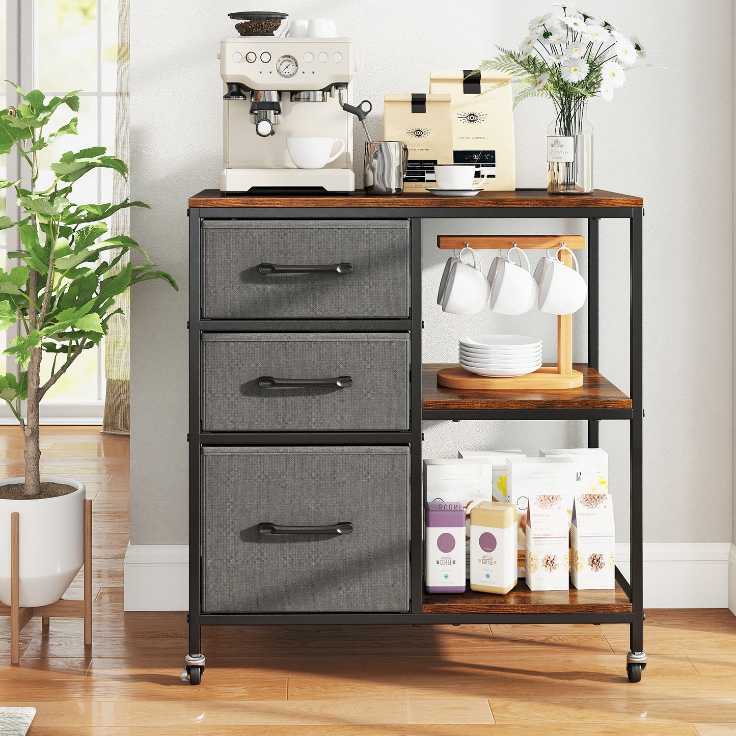 3 Drawer Mobile File Cabinet with Charging Station Rolling Printer Stand with Open Storage Shelves-Brown