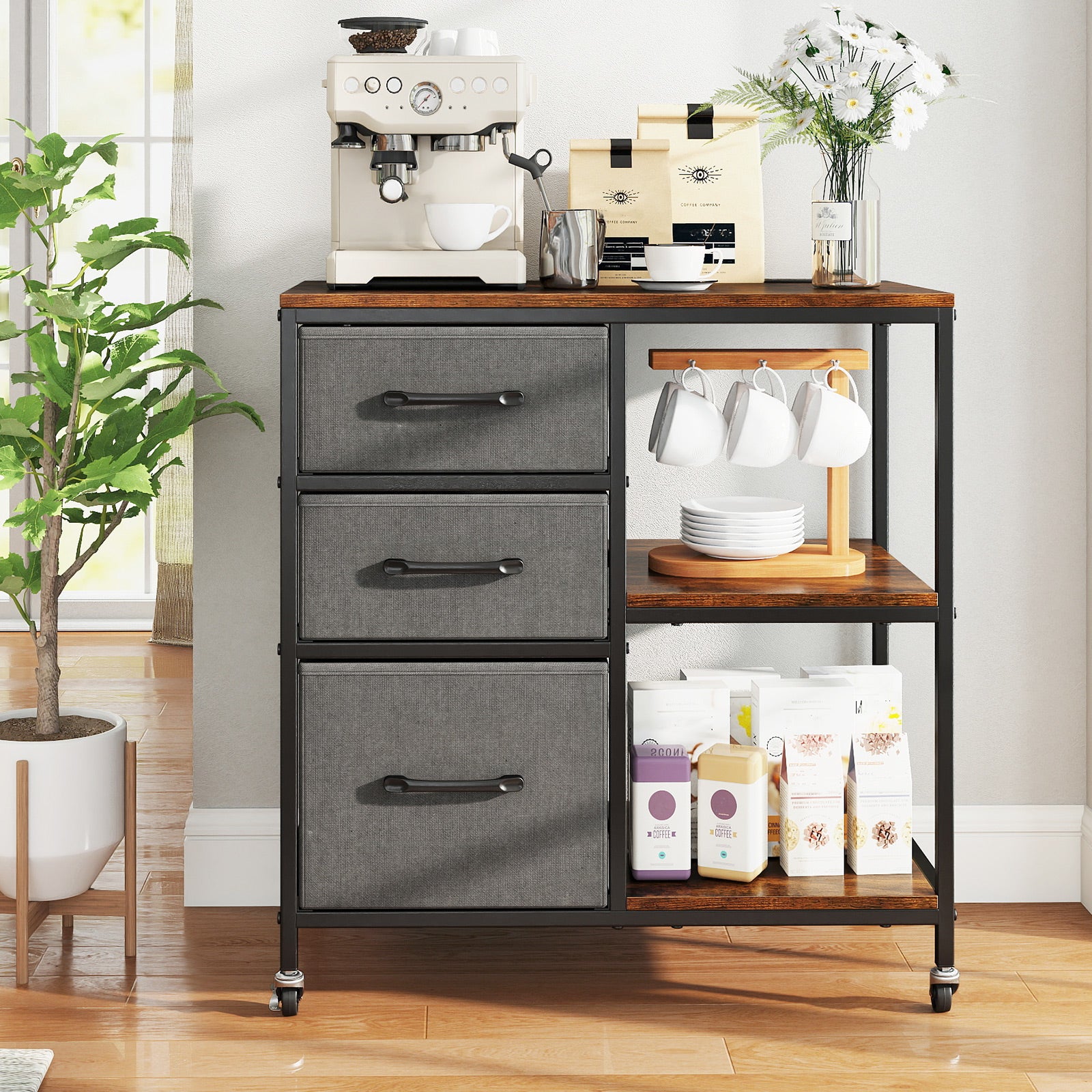 3 Drawer Mobile File Cabinet with Charging Station Rolling Printer Stand with Open Storage Shelves-Brown