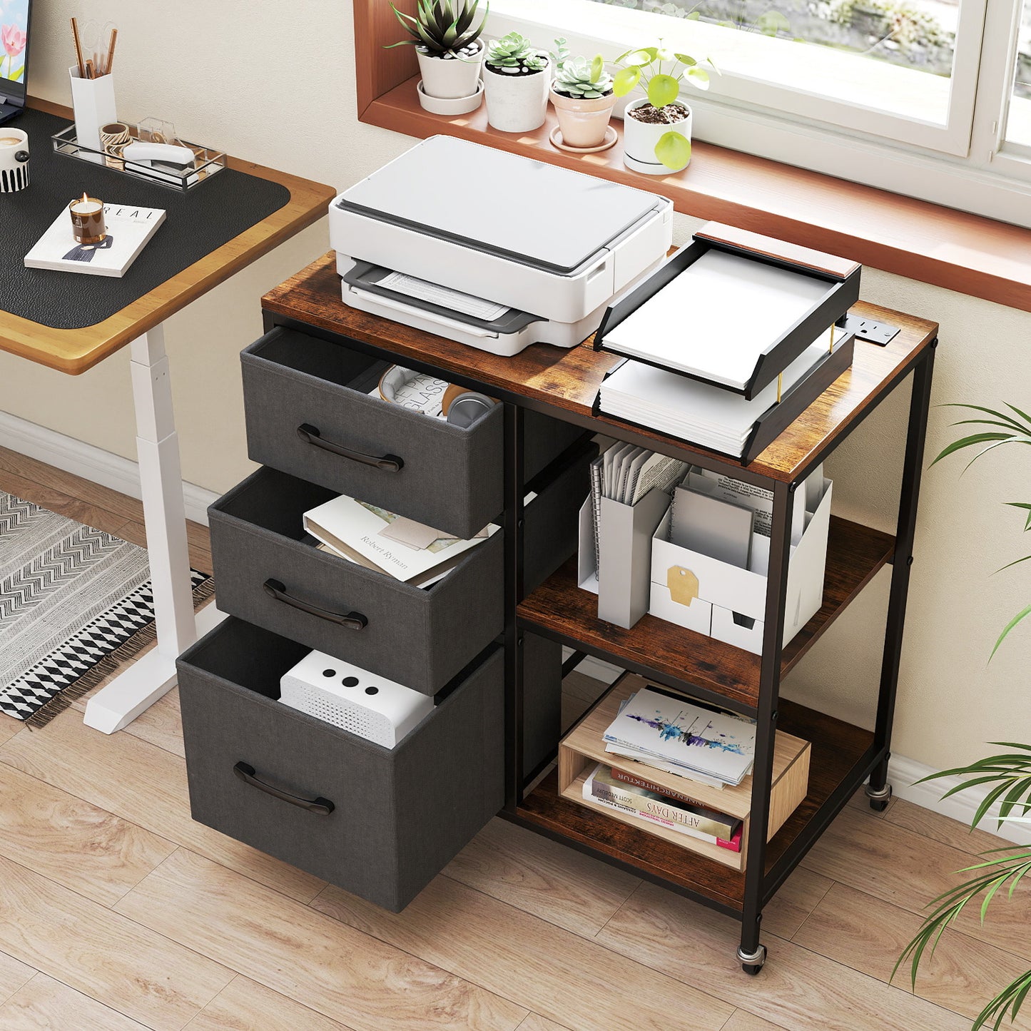 3 Drawer Mobile File Cabinet with Charging Station Rolling Printer Stand with Open Storage Shelves-Brown