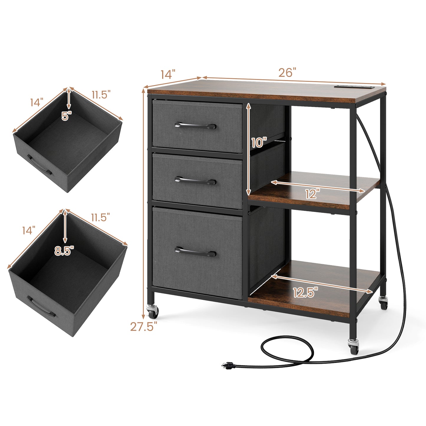 3 Drawer Mobile File Cabinet with Charging Station Rolling Printer Stand with Open Storage Shelves-Brown