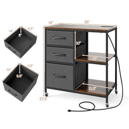 3 Drawer Mobile File Cabinet with Charging Station Rolling Printer Stand with Open Storage Shelves-Brown