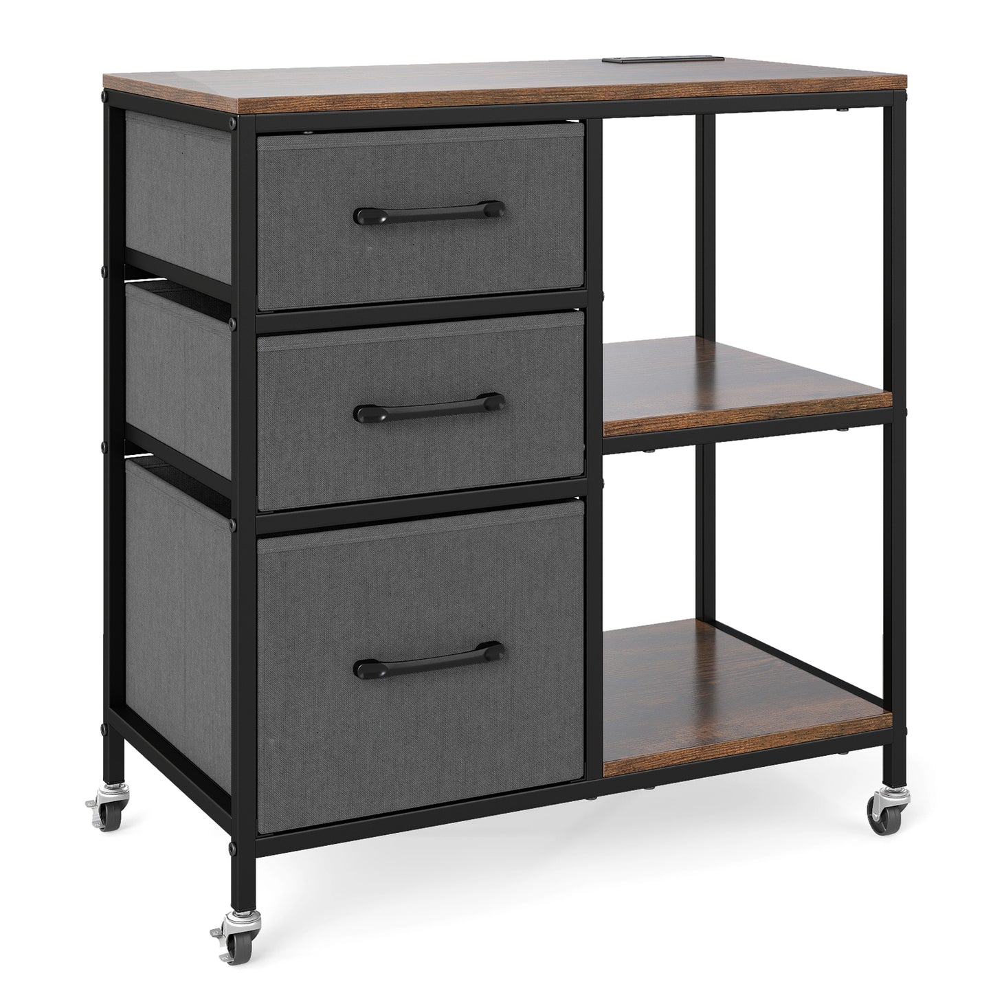 3 Drawer Mobile File Cabinet with Charging Station Rolling Printer Stand with Open Storage Shelves-Brown