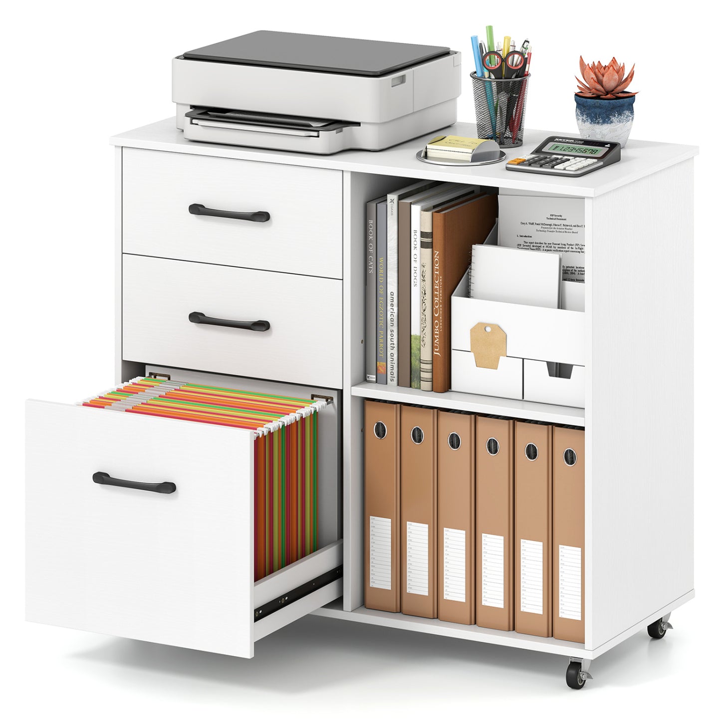 3-Drawer Mobile File Cabinet with Open Storage Shelves
