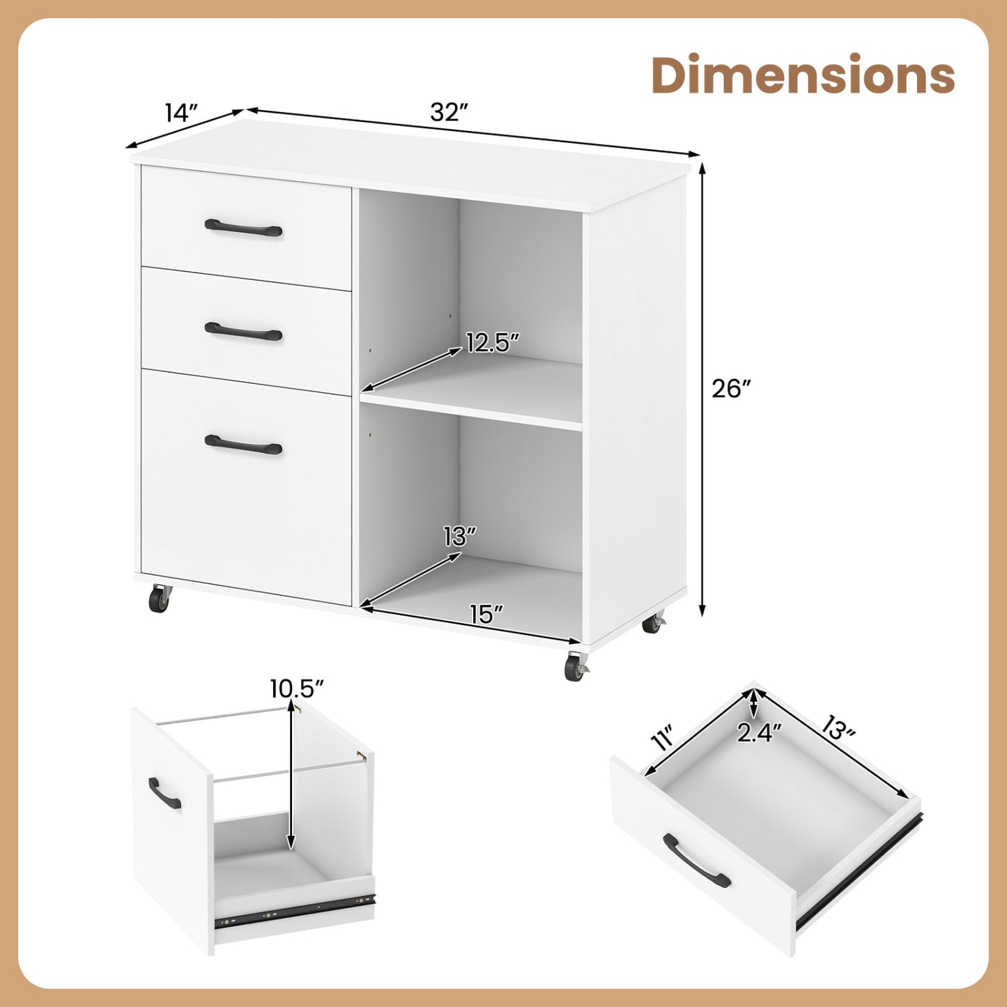 3-Drawer Mobile File Cabinet with Open Storage Shelves