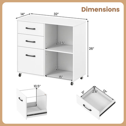 3-Drawer Mobile File Cabinet with Open Storage Shelves