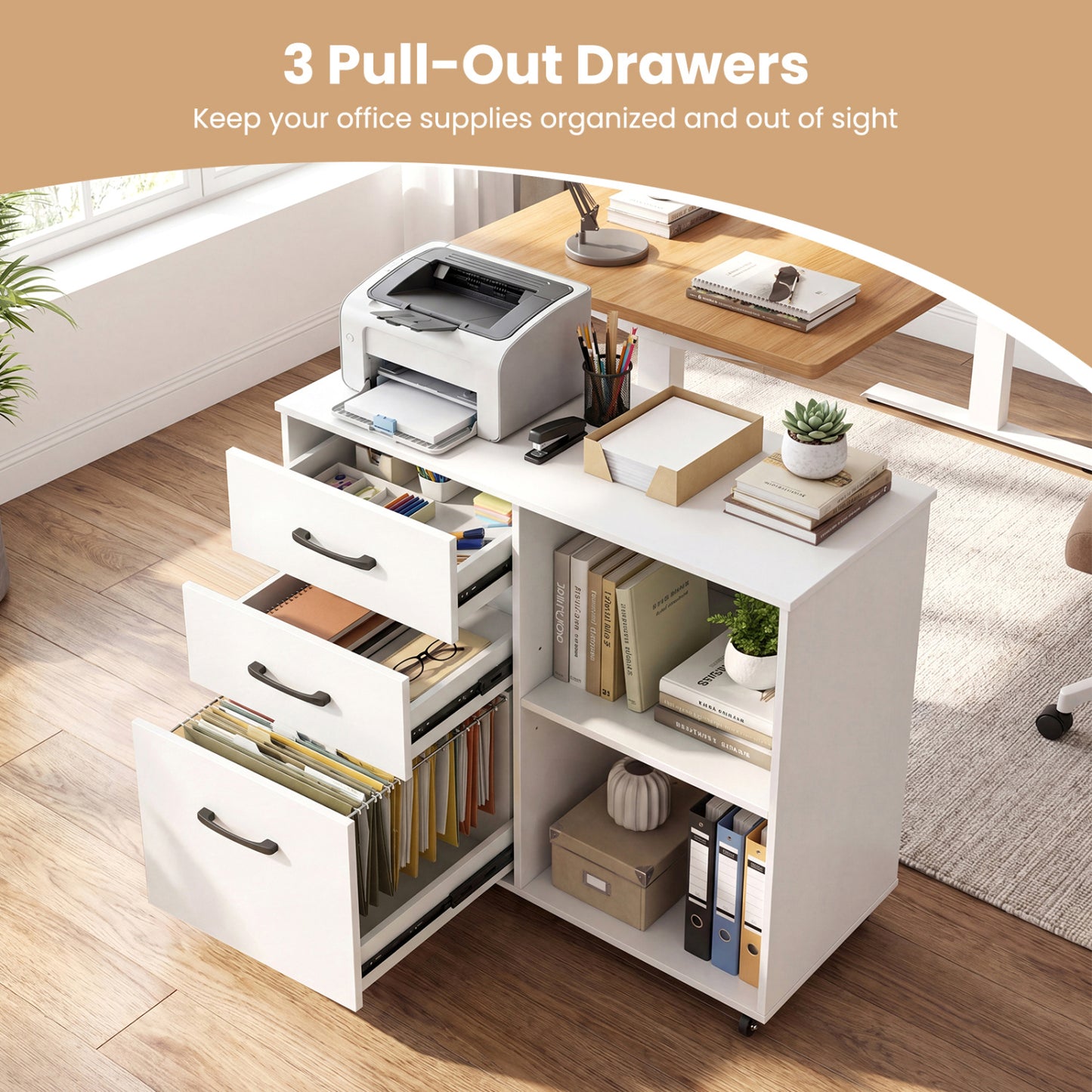 3-Drawer Mobile File Cabinet with Open Storage Shelves