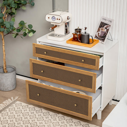 3-Drawer Rattan Dresser Chest with Anti-toppling Device-Brown