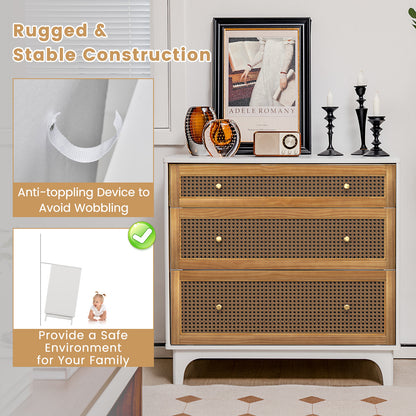 3-Drawer Rattan Dresser Chest with Anti-toppling Device-Brown