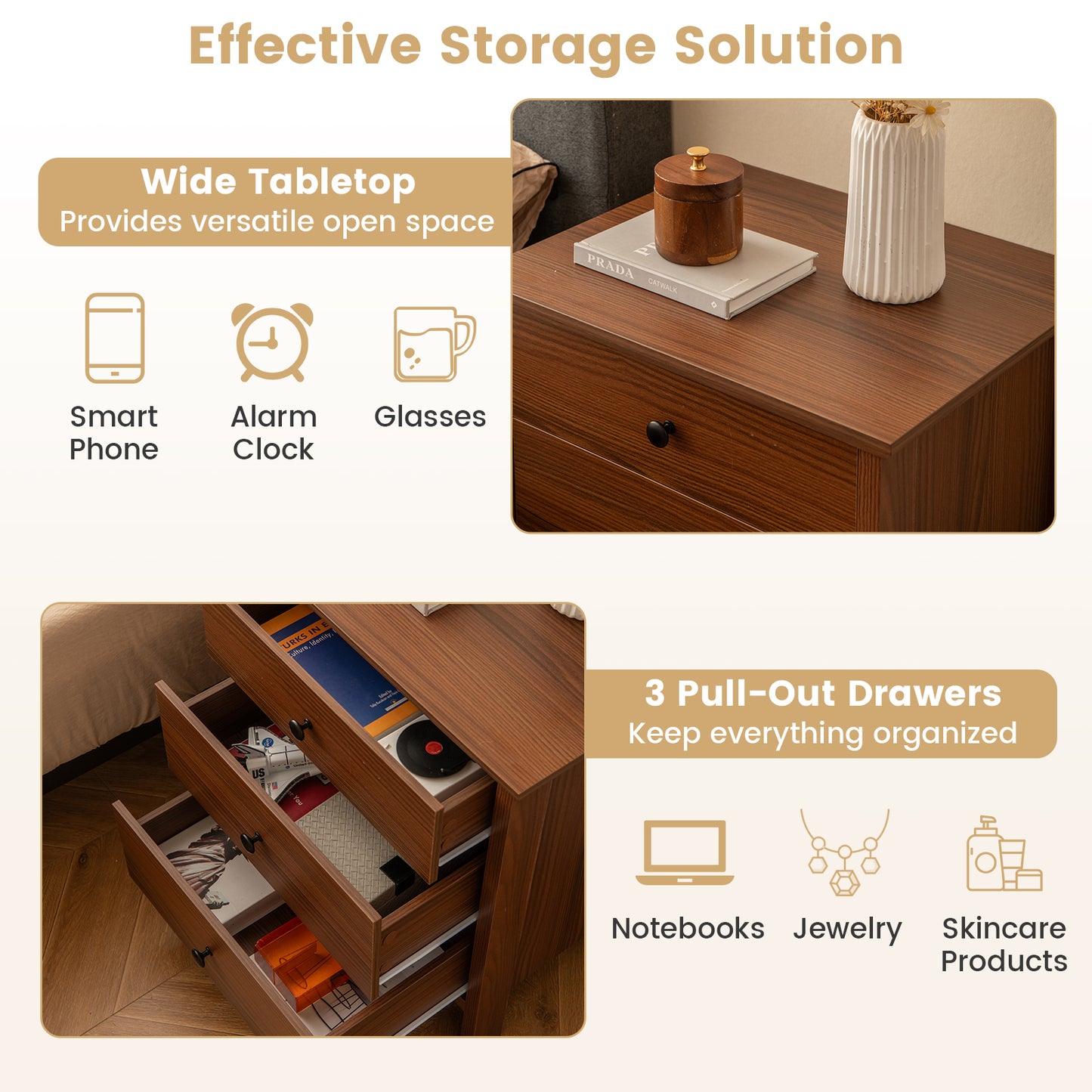 3-Drawer Wooden Nightstand Modern Bedside Table