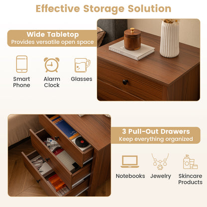 3-Drawer Wooden Nightstand Modern Bedside Table