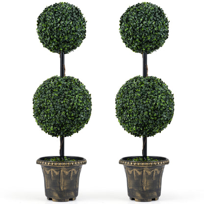 3 FT Artificial Boxwood Topiary Tree Double Ball Shrubs Set of 2