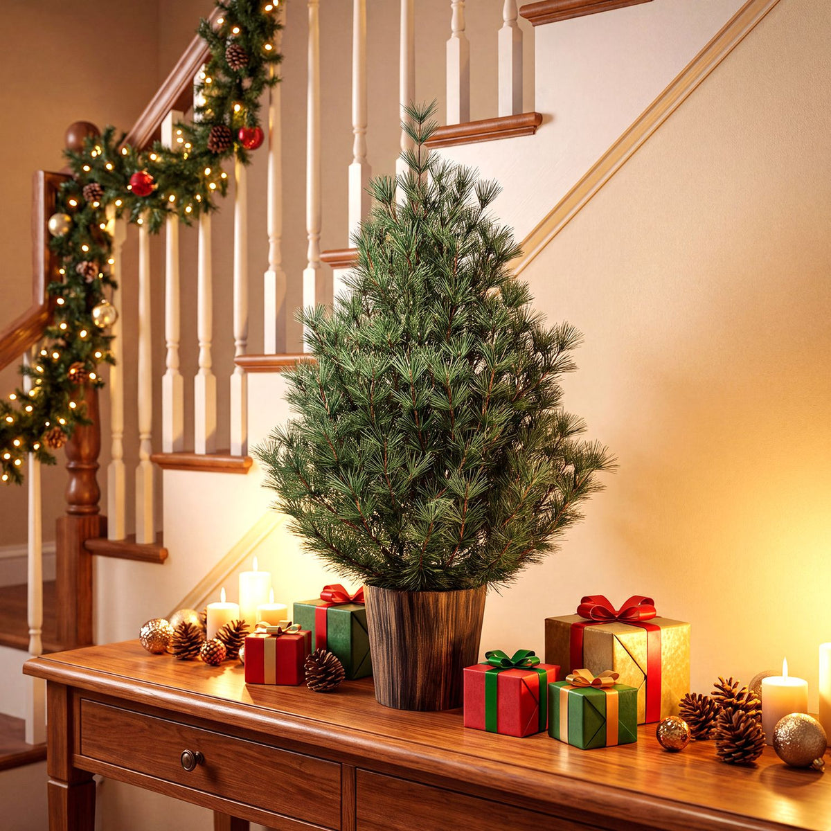 3 FT Artificial Potted Christmas Tree with Vintage Flowerpot for Front Porch
