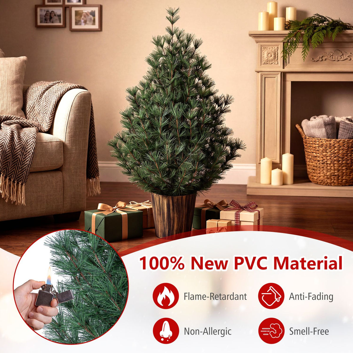 3 FT Artificial Potted Christmas Tree with Vintage Flowerpot for Front Porch