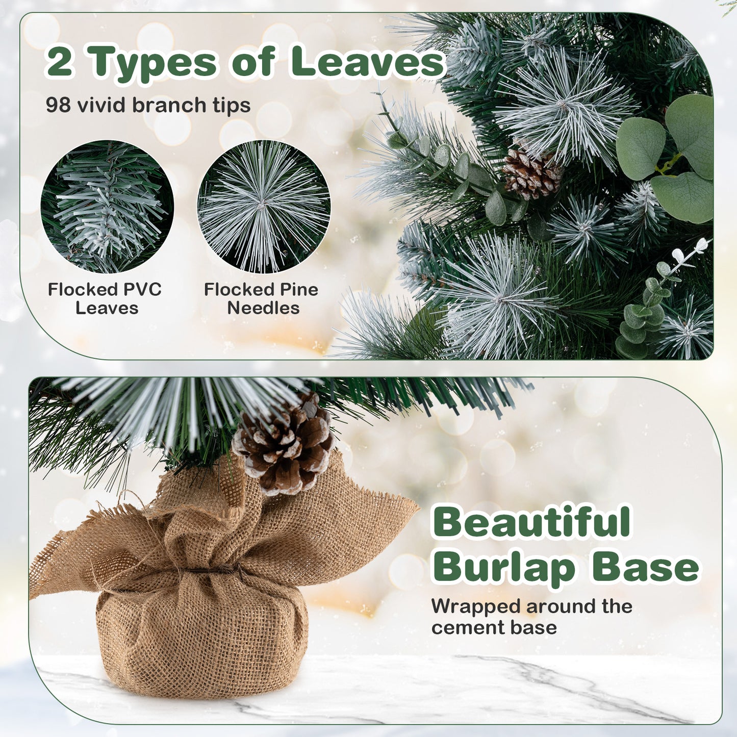 3 FT Pre-Lit Artificial Mini Christmas Tree with 98 Flocked PVC and Pine Needles