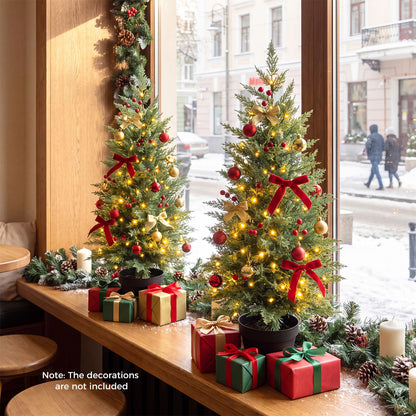 3 FT Pre-Lit Potted Christmas Tree Set of 2 with PE Branch Tips