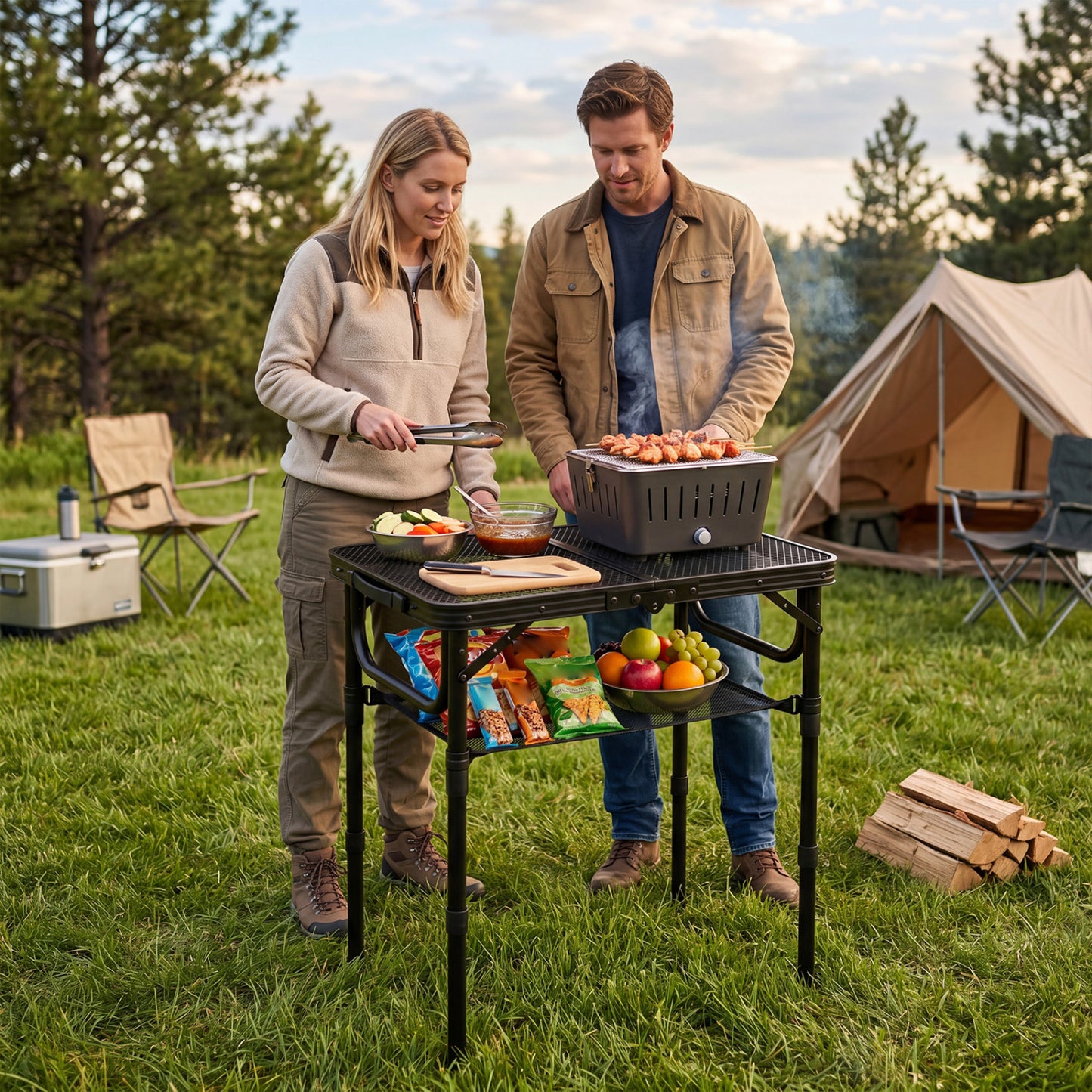3-Height Folding Picnic Table with Large Storage Net and Handle