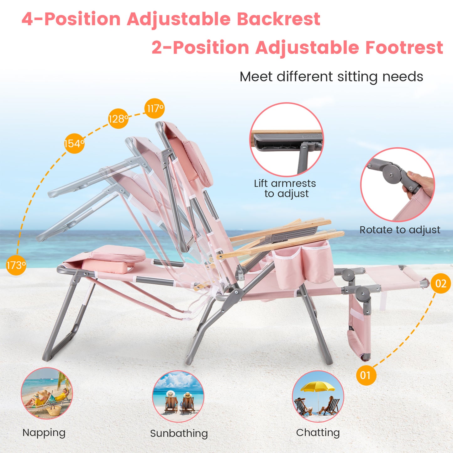 3-IN-1 Foldable Beach Chair with Footrest and Adjustable Backrest-Pink
