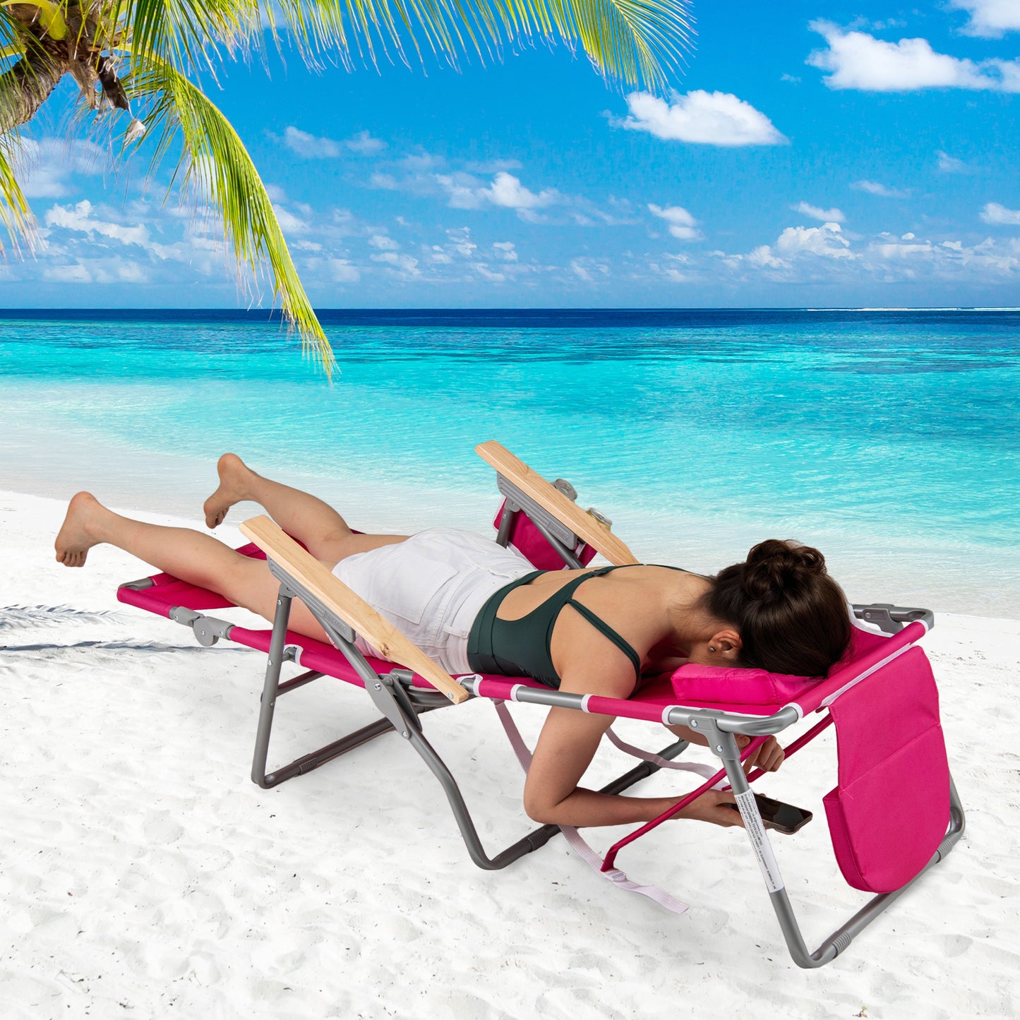 3-IN-1 Foldable Beach Chair with Footrest and Adjustable Backrest-Peach
