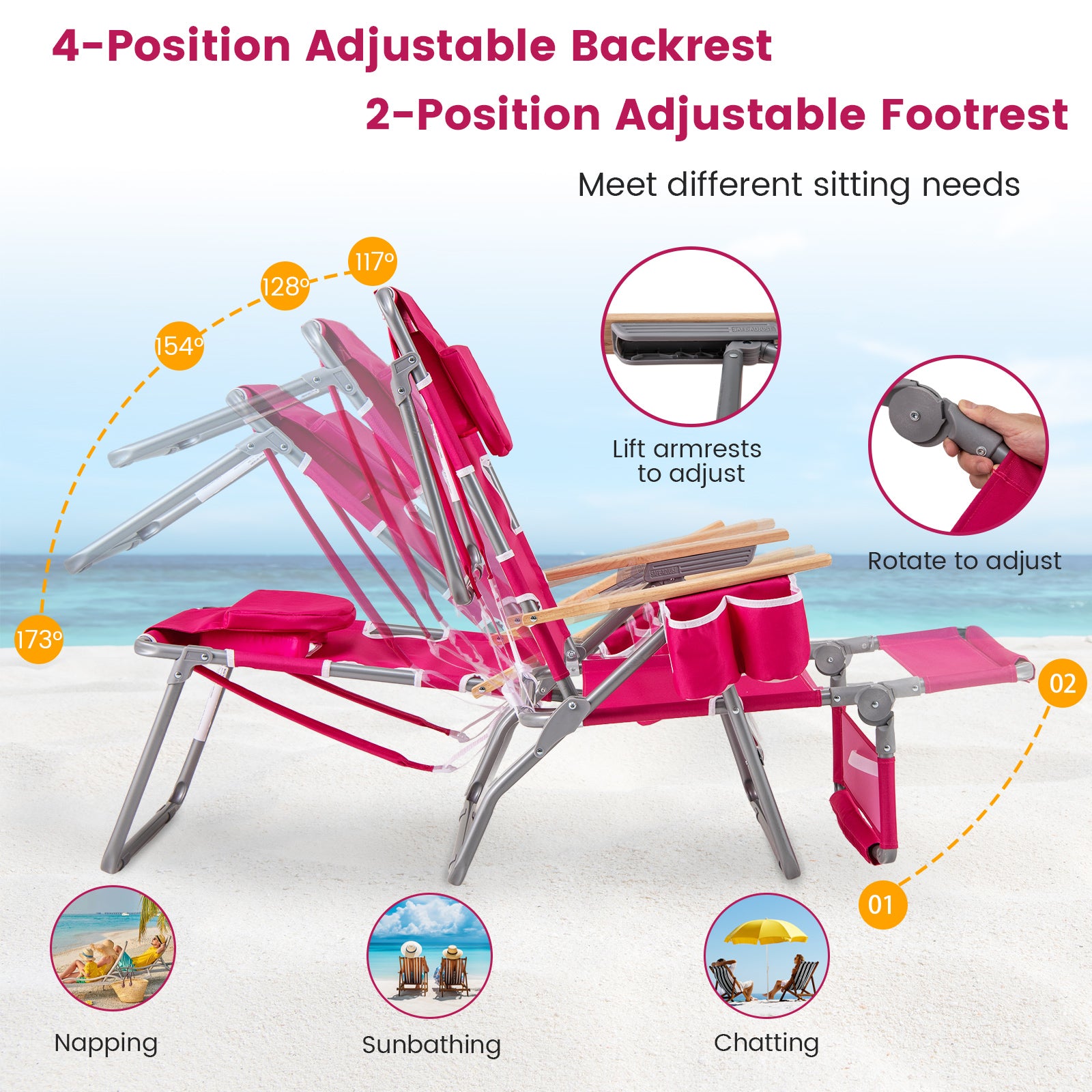 3-IN-1 Foldable Beach Chair with Footrest and Adjustable Backrest-Peach