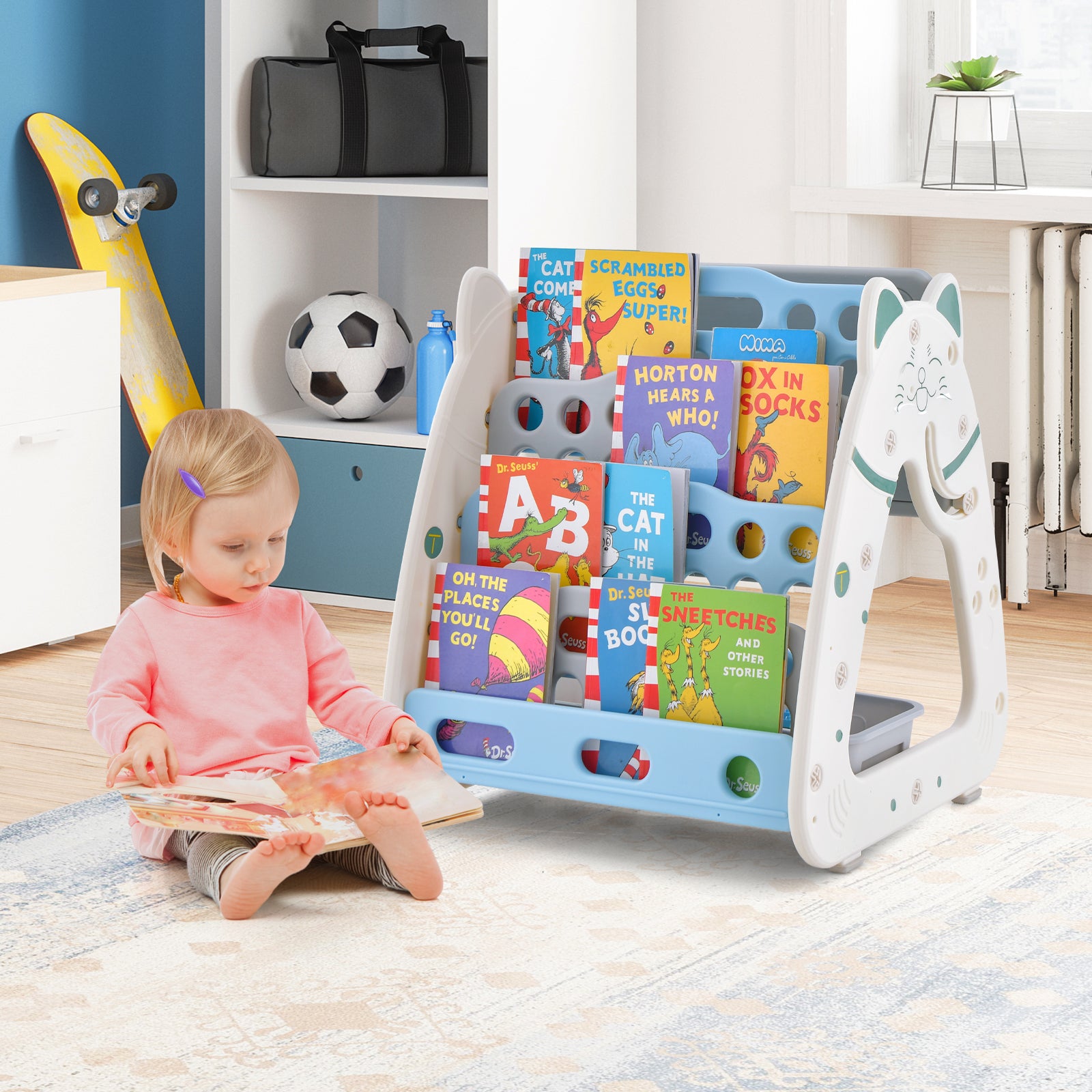 3-In-1 Double Sided Magnetic Dry-Erase Board with Stool and Flipped Writing Desktop-Navy