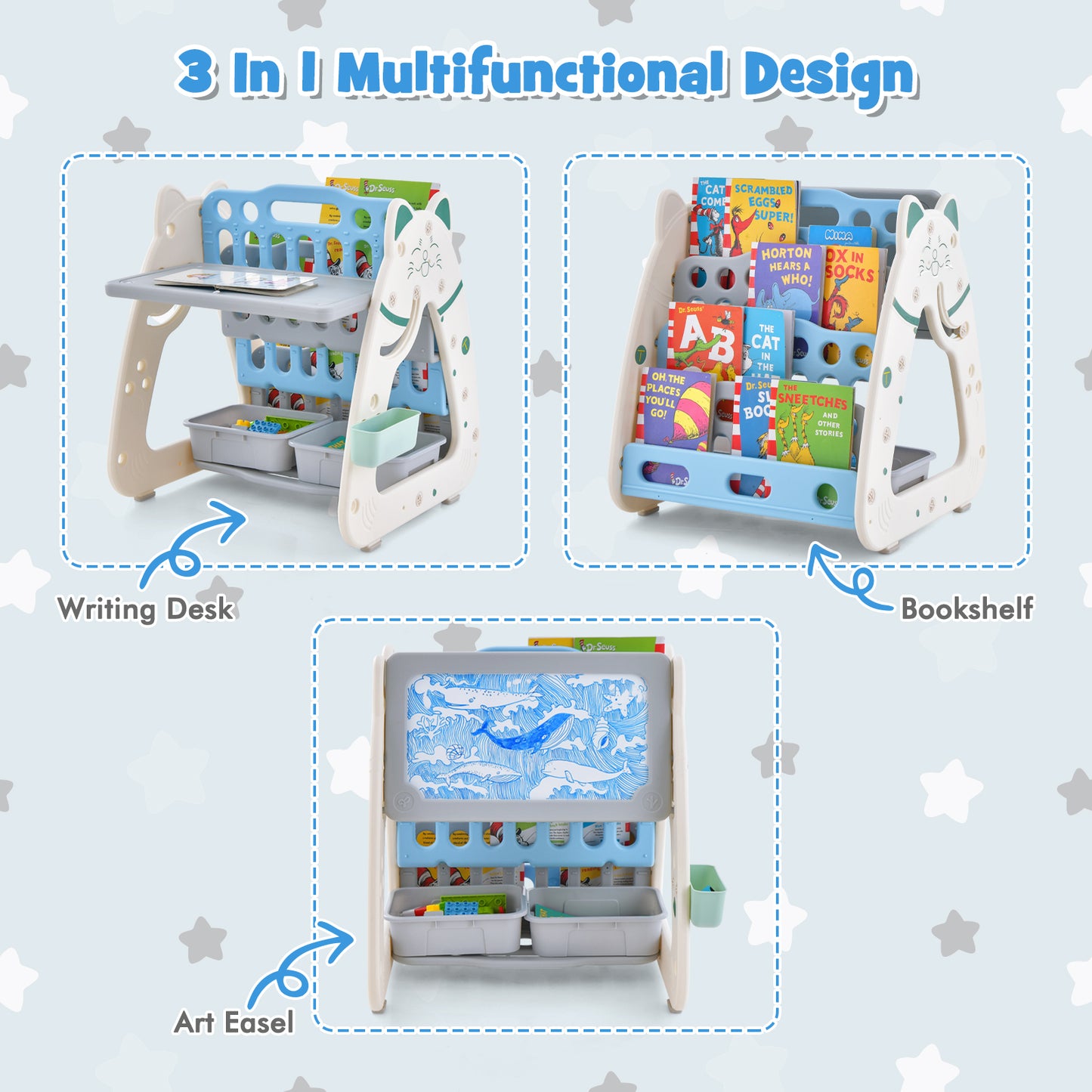 3-In-1 Double Sided Magnetic Dry-Erase Board with Stool and Flipped Writing Desktop-Navy