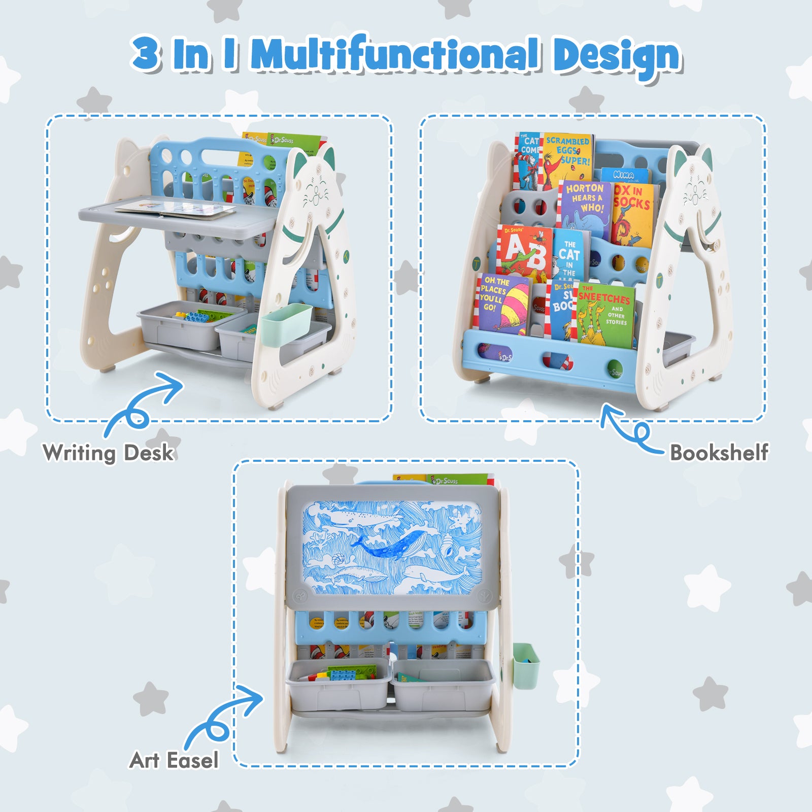 3-In-1 Double Sided Magnetic Dry-Erase Board with Stool and Flipped Writing Desktop-Navy