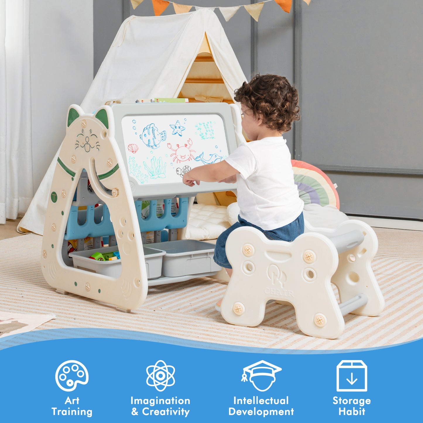 3-In-1 Double Sided Magnetic Dry-Erase Board with Stool and Flipped Writing Desktop-Navy