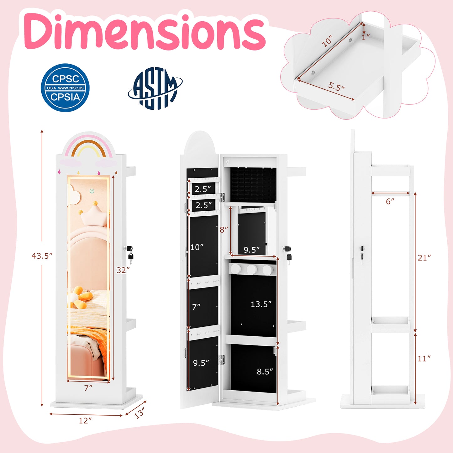 3 In 1 Kids Jewelry Cabinet Freestanding Jewelry Armoire with 3-Color Lighted Mirror-White