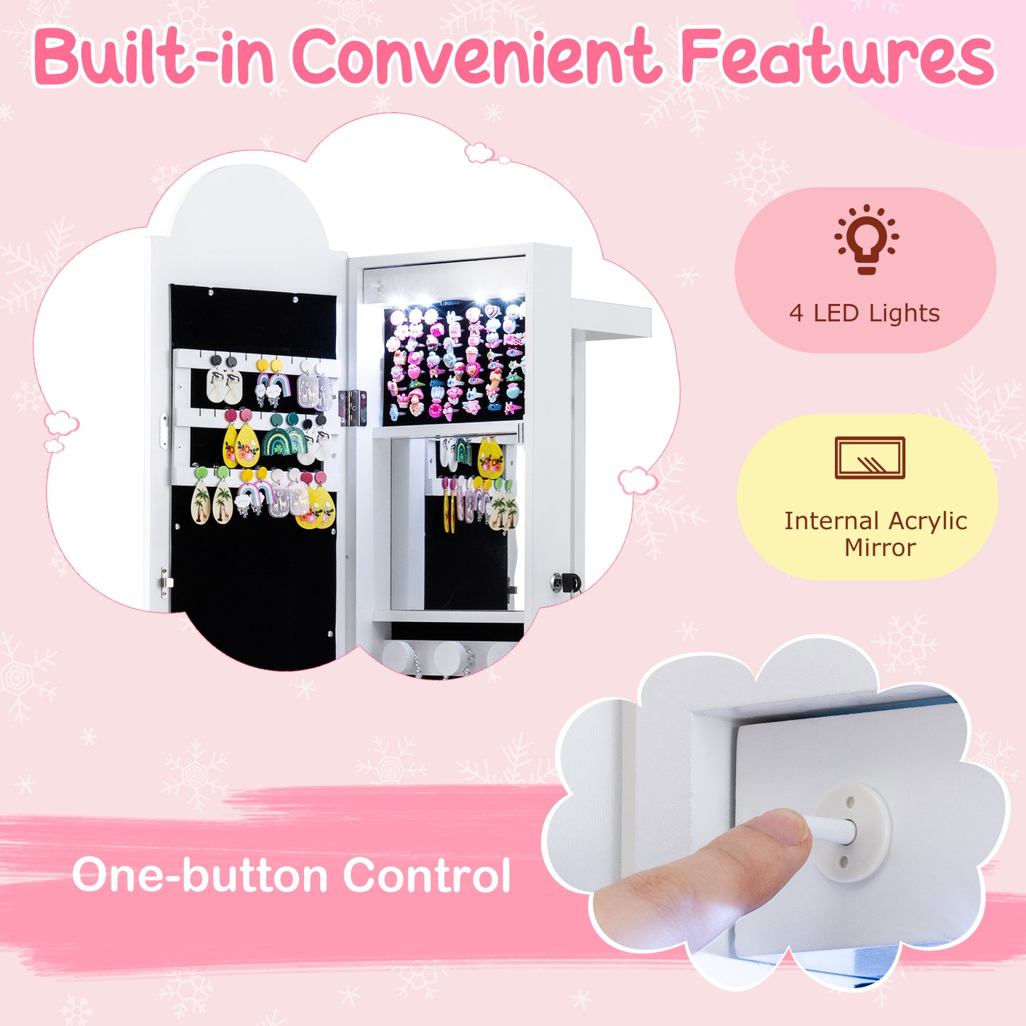 3 In 1 Kids Jewelry Cabinet Freestanding Jewelry Armoire with 3-Color Lighted Mirror-White