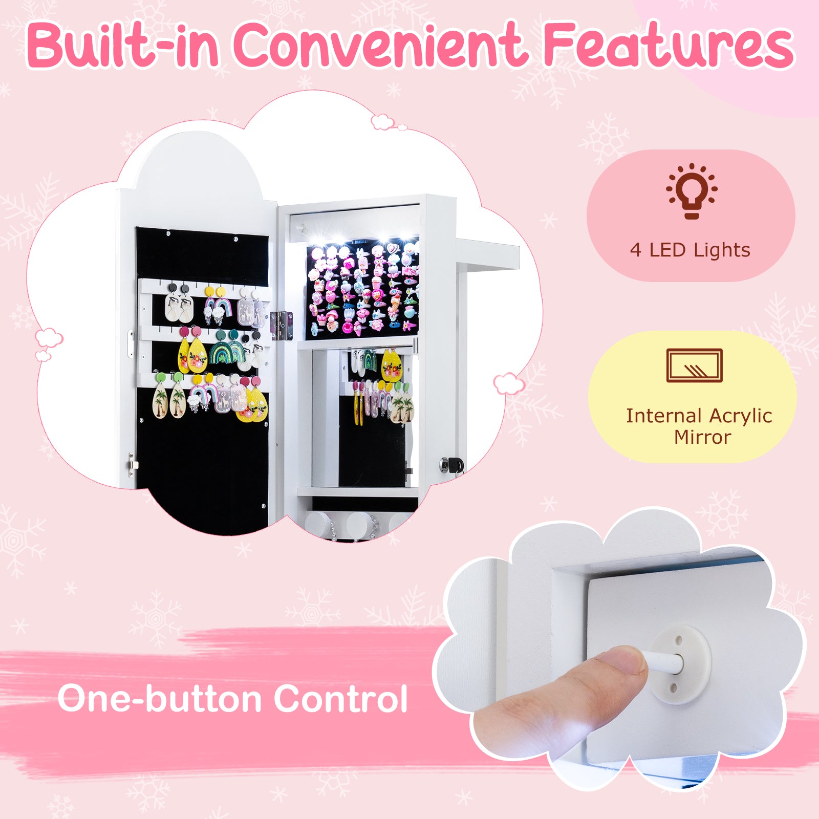 3 In 1 Kids Jewelry Cabinet Freestanding Jewelry Armoire with 3-Color Lighted Mirror-White