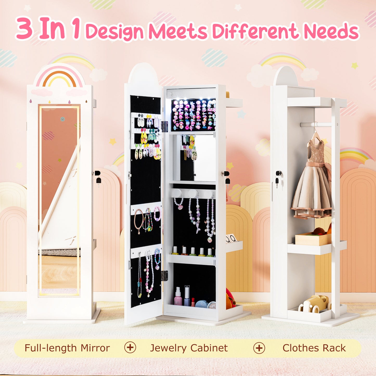 3 In 1 Kids Jewelry Cabinet Freestanding Jewelry Armoire with 3-Color Lighted Mirror-White