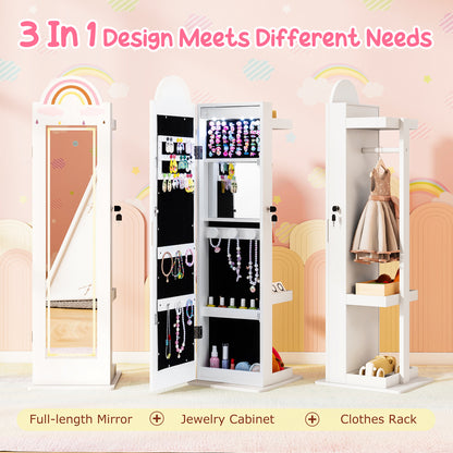 3 In 1 Kids Jewelry Cabinet Freestanding Jewelry Armoire with 3-Color Lighted Mirror-White