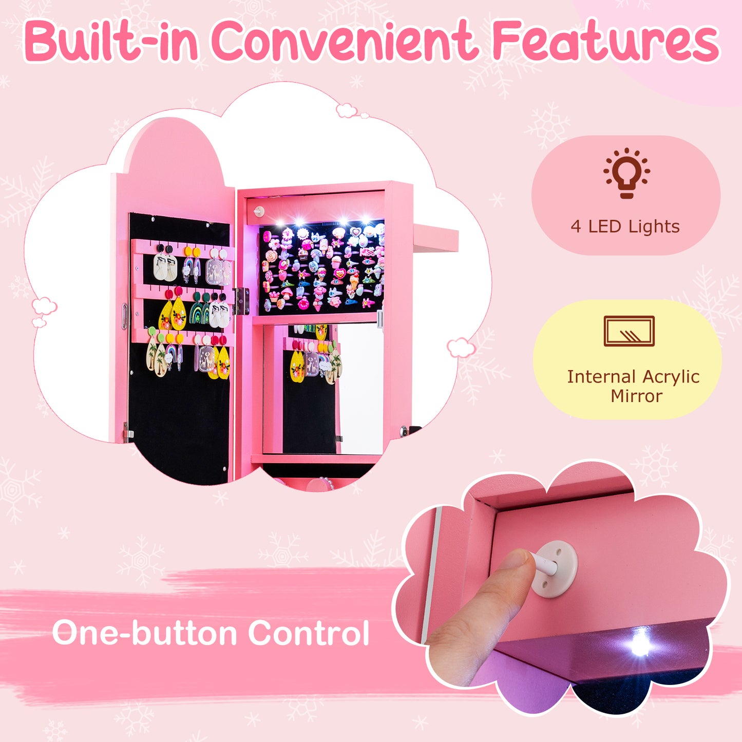 3 In 1 Kids Jewelry Cabinet Freestanding Jewelry Armoire with 3-Color Lighted Mirror-Pink