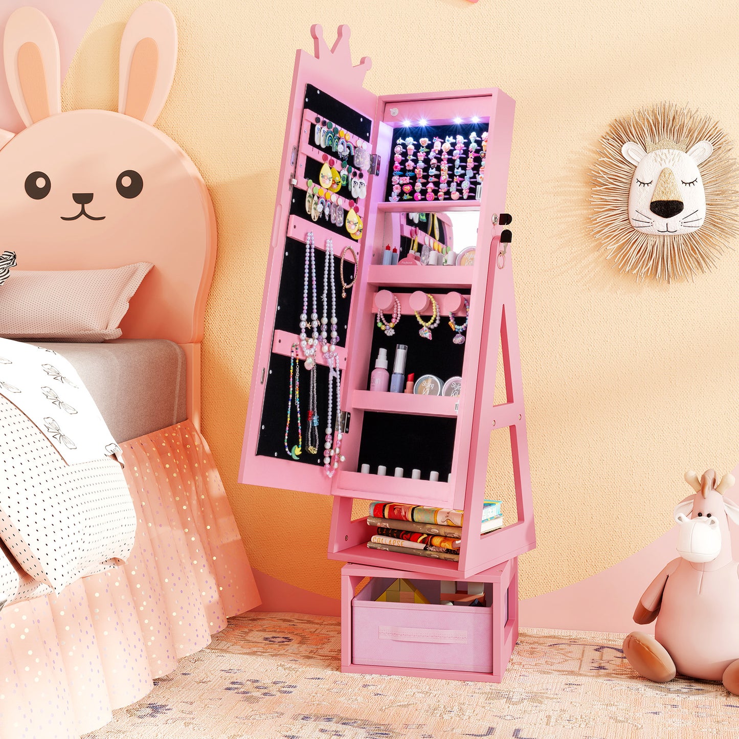 3 In 1 Kids Jewelry Cabinet with 3-Color Lighted Full Length Mirror-Pink